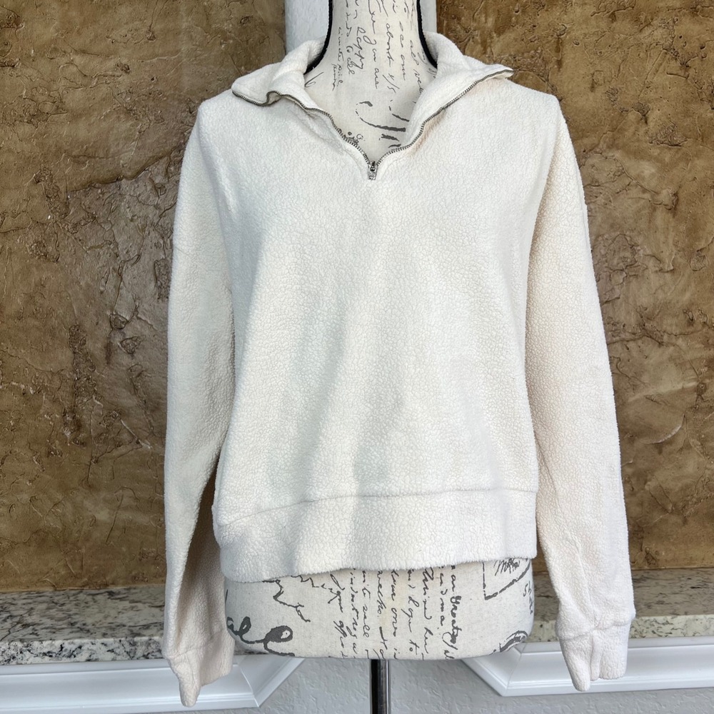 Monrow Half Zip Sweater XS Sweatshirt Cream Sherpa Fleece Cozy Top Shirt Revolve